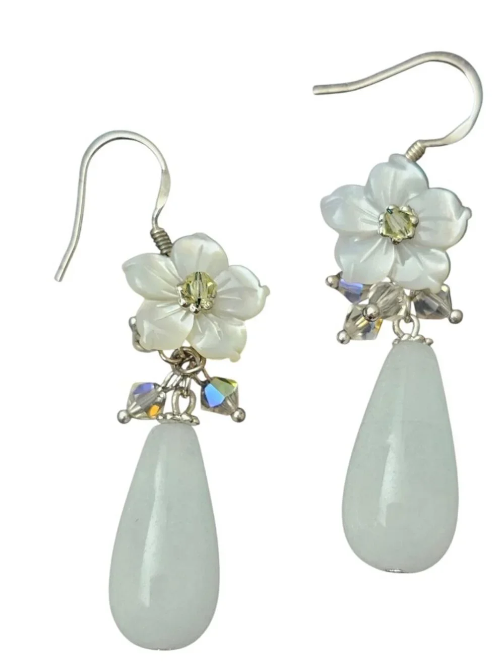 Handmade White Flower Drop Earrings Crystal Beaded Dangle Teardrop Elegant...